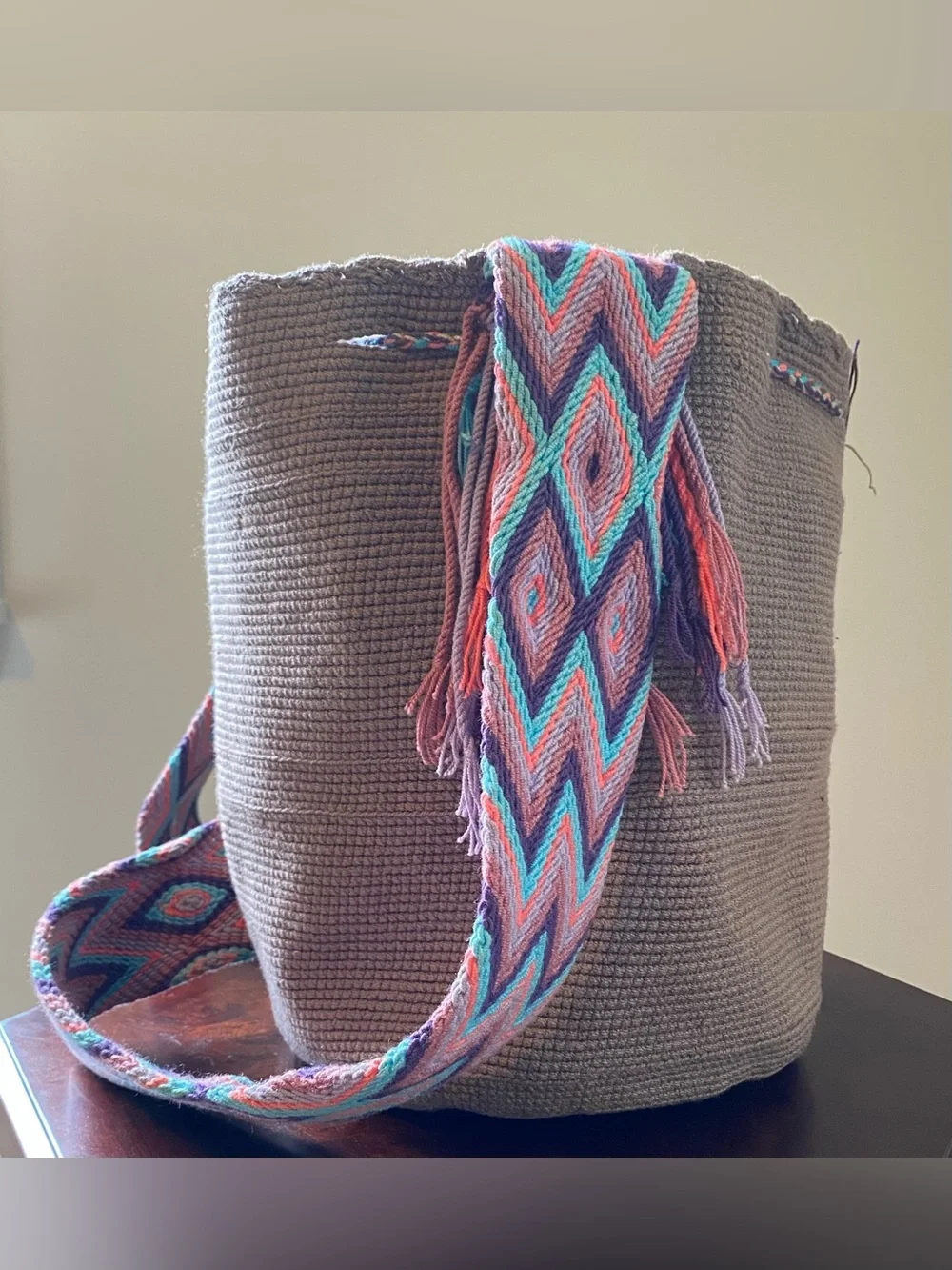 Handwoven Colombian Bag with Multicolor Chevron Strap & Tassels